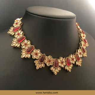 Red Traditional Necklace Set - Antique Gold