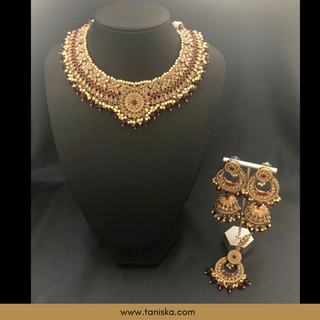 Red Traditional Necklace Set - Antique Gold