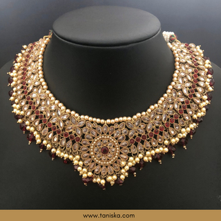 Red Traditional Necklace Set - Antique Gold