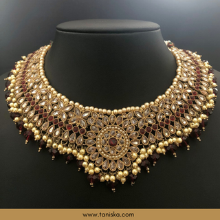 Red Traditional Necklace Set - Antique Gold