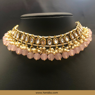 Baby Pink Traditional Necklace Set - Antique Gold