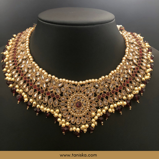 Red Traditional Necklace Set - Antique Gold