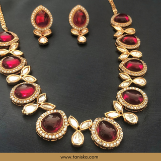 Red Kundan Traditional Necklace Set - Antique Gold