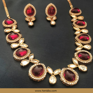 Red Kundan Traditional Necklace Set - Antique Gold