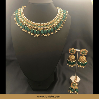 Emerald Green Traditional Necklace Set - Antique Gold