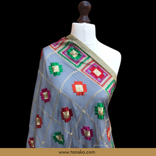 GEOMETRICALBOXED-GREY Pastel Dusky Grey Punjabi Phulkari Dupatta