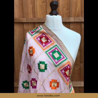 GEOMETRICALBOXED-PINK Pastel Dusky Blush Pink Punjabi Phulkari Dupatta