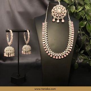 American Diamond Style Necklace Set - Silver/Baby Pink