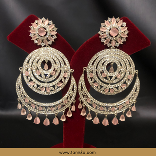 American Diamond Style, Cubic Zirconia Statement Earring & Tikka Set - Silver/Baby Pink