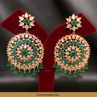 American Diamond Style, Cubic Zirconia Statement Earring & Tikka Set - Emerald Green/Rose Gold