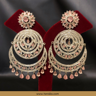 American Diamond Style, Cubic Zirconia Statement Earring & Tikka Set - Silver/Baby Pink