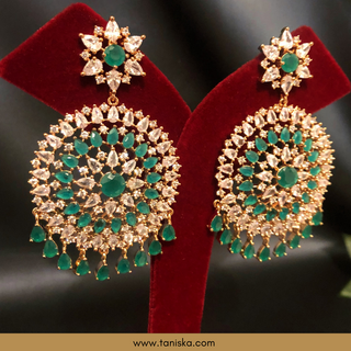 American Diamond Style, Cubic Zirconia Statement Earring & Tikka Set - Emerald Green/Rose Gold