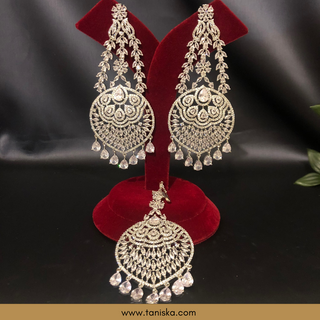 American Diamond Style, Cubic Zirconia Statement Earring & Tikka Set - Silver Plated