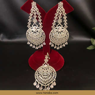 American Diamond Style, Cubic Zirconia Statement Earring & Tikka Set - Silver Plated