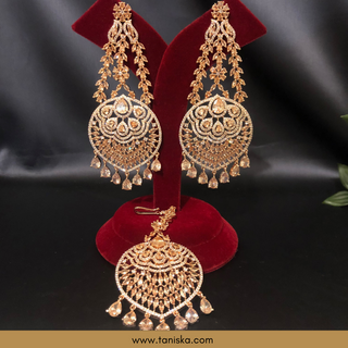 American Diamond Style, Cubic Zirconia Statement Earring & Tikka Set - Rose Gold Plated