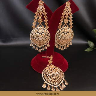 American Diamond Style, Cubic Zirconia Statement Earring & Tikka Set - Rose Gold Plated