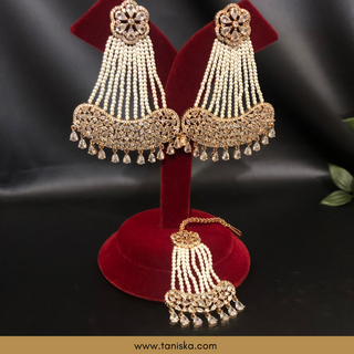 American Diamond Style Statement Earring & Tikka Set - Rose Gold