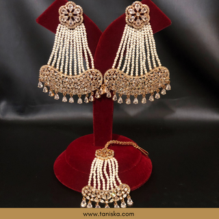 American Diamond Style Statement Earring & Tikka Set - Rose Gold