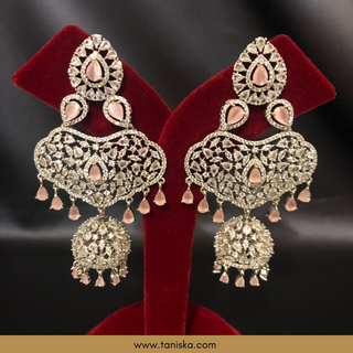 American Diamond Style, Cubic Zirconia Statement Earring & Tikka Set - Silver Plated / Baby Pink