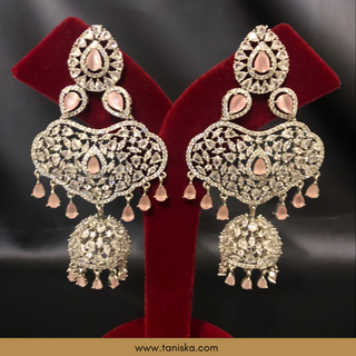 American Diamond Style, Cubic Zirconia Statement Earring & Tikka Set - Silver Plated / Baby Pink