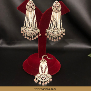 American Diamond Style Earring & Tikka Set - Baby Pink