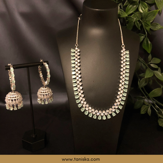 American Diamond Style Necklace Set - Silver/Mint