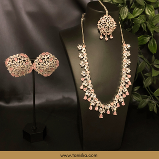 American Diamond Style Necklace Set - Silver/Baby Pink