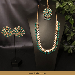 American Diamond Style Necklace Set - Rose Gold/Emerald Green