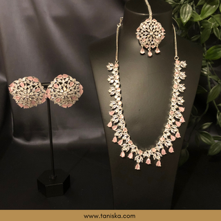 American Diamond Style Necklace Set - Silver/Baby Pink