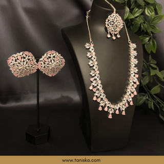 American Diamond Style Necklace Set - Silver/Baby Pink