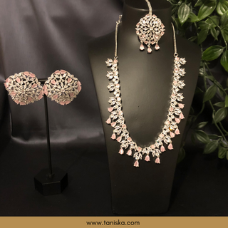 American Diamond Style Necklace Set - Silver/Baby Pink