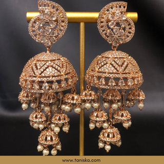 American Diamond Style, Cubic Zirconia Statement Earring & Tikka Set - Rose Gold Plated