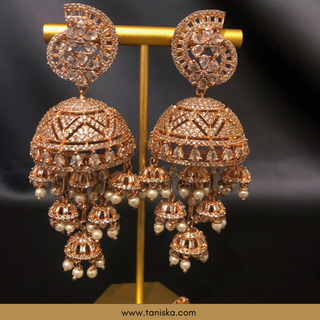 American Diamond Style, Cubic Zirconia Statement Earring & Tikka Set - Rose Gold Plated