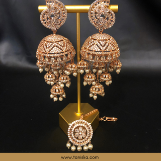 American Diamond Style, Cubic Zirconia Statement Earring & Tikka Set - Rose Gold Plated