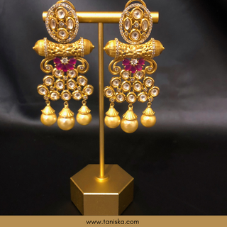 Noor Golden Kundan Earrings with Hot Pink