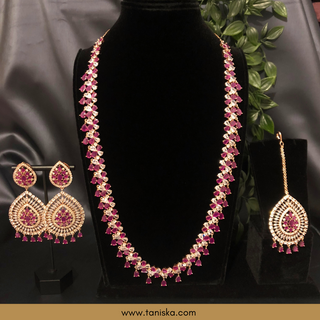 American Diamond Style, Cubic Zirconia Long Necklace Set - Rose Gold / Hot Pink