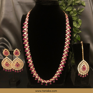 American Diamond Style, Cubic Zirconia Long Necklace Set - Rose Gold / Hot Pink