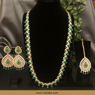 American Diamond Style, Cubic Zirconia Long Necklace Set - Rose Gold / Emerald Green