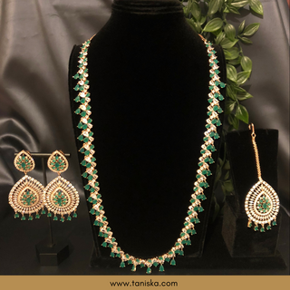 American Diamond Style, Cubic Zirconia Long Necklace Set - Rose Gold / Emerald Green