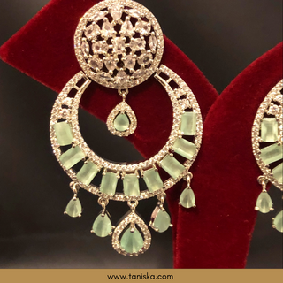 American Diamond Style Earring & Tikka Set - Mint / Silver