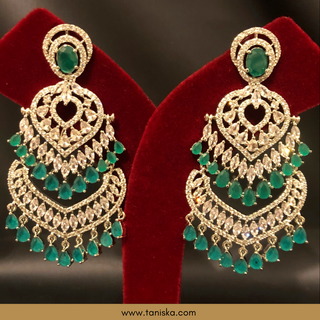 American Diamond Style Earring & Tikka Set - Emerald Green / Silver