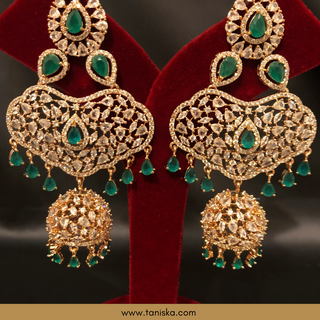 American Diamond Style, Cubic Zirconia Statement Earring & Tikka Set - Rose Gold Plated - Emerald Green