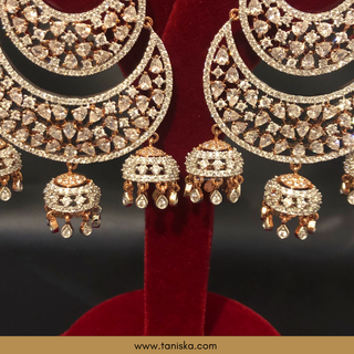 American Diamond Style, Cubic Zirconia Statement Earrings - Triple Jhumki Rose Gold Plated