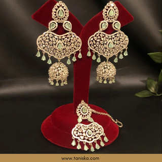 American Diamond Style, Cubic Zirconia Statement Earring & Tikka Set - Silver Plated - Silver/Mint