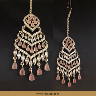 American Diamond Style Earring & Tikka Set - Baby Pink / Silver