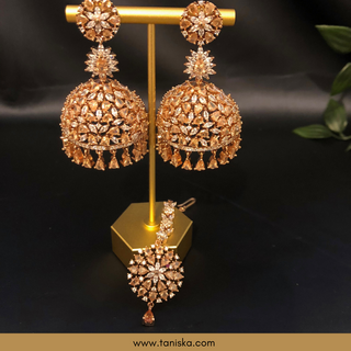 Copy of American Diamond Style Earring & Tikka Set - Hot Pink / Rose Gold