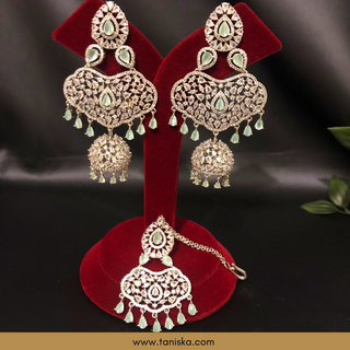 American Diamond Style, Cubic Zirconia Statement Earring & Tikka Set - Silver Plated - Silver/Mint