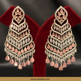 American Diamond Style Earring & Tikka Set - Baby Pink / Silver