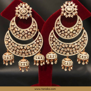 American Diamond Style, Cubic Zirconia Statement Earrings - Triple Jhumki Rose Gold Plated