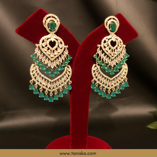 American Diamond Style Earring & Tikka Set - Emerald Green / Silver